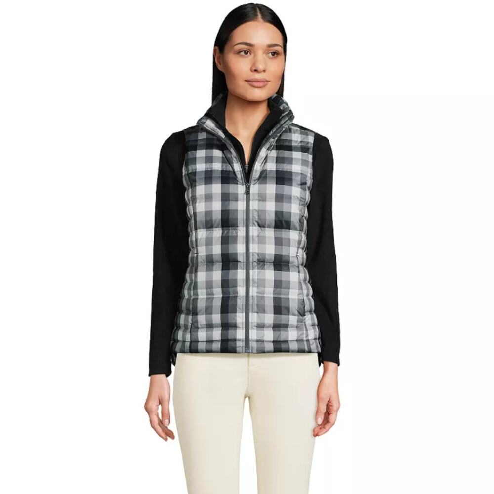 Womens Large Lands End Black Buffalo Check Puffer Down Vest Cozy Casual Outdoors